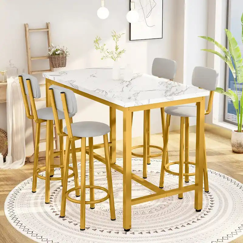 Ensemble table de salle à manger 5 pièces style moderne Mieres, table de bar à plateau en faux marbre avec 4 tabourets de bar rembourrés