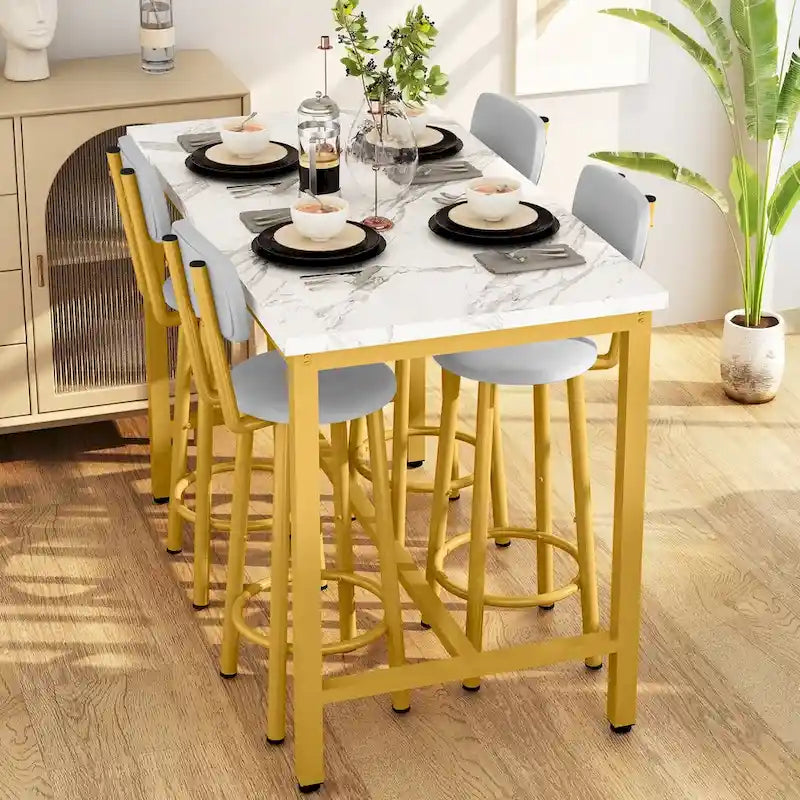 Ensemble table de salle à manger 5 pièces style moderne Mieres, table de bar à plateau en faux marbre avec 4 tabourets de bar rembourrés