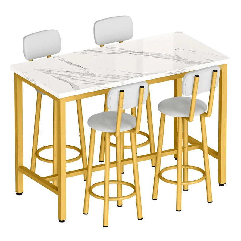 Ensemble table de salle à manger 5 pièces style moderne Mieres, table de bar à plateau en faux marbre avec 4 tabourets de bar rembourrés