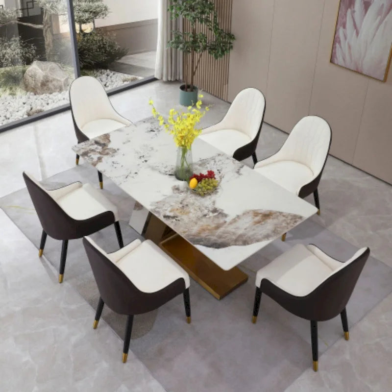 Ensemble de salle à manger contemporain en marbre doré de 180 cm avec 6 chaises