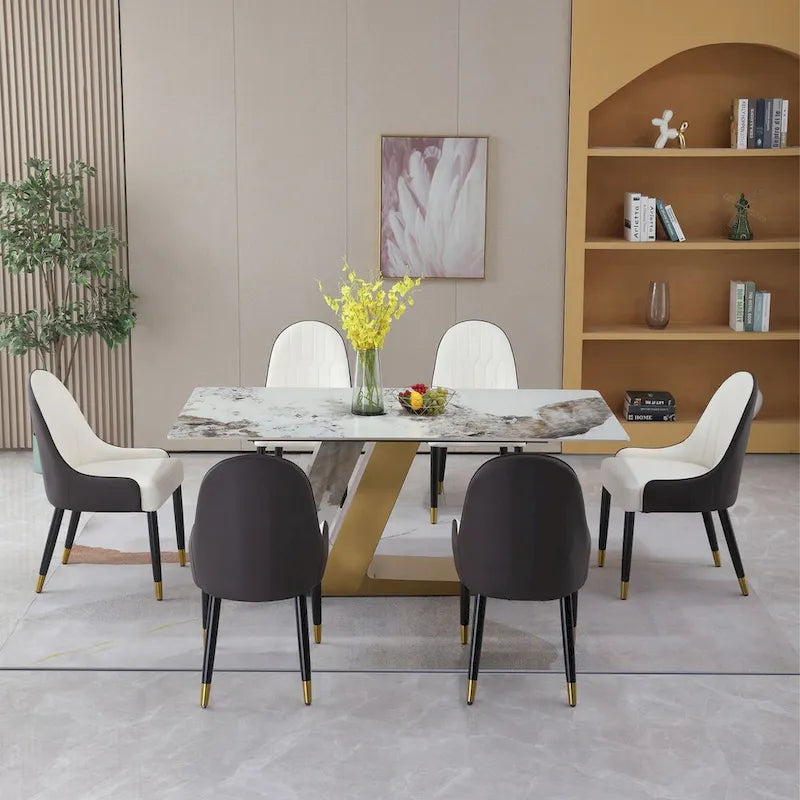 Ensemble de salle à manger contemporain en marbre doré de 180 cm avec 6 chaises