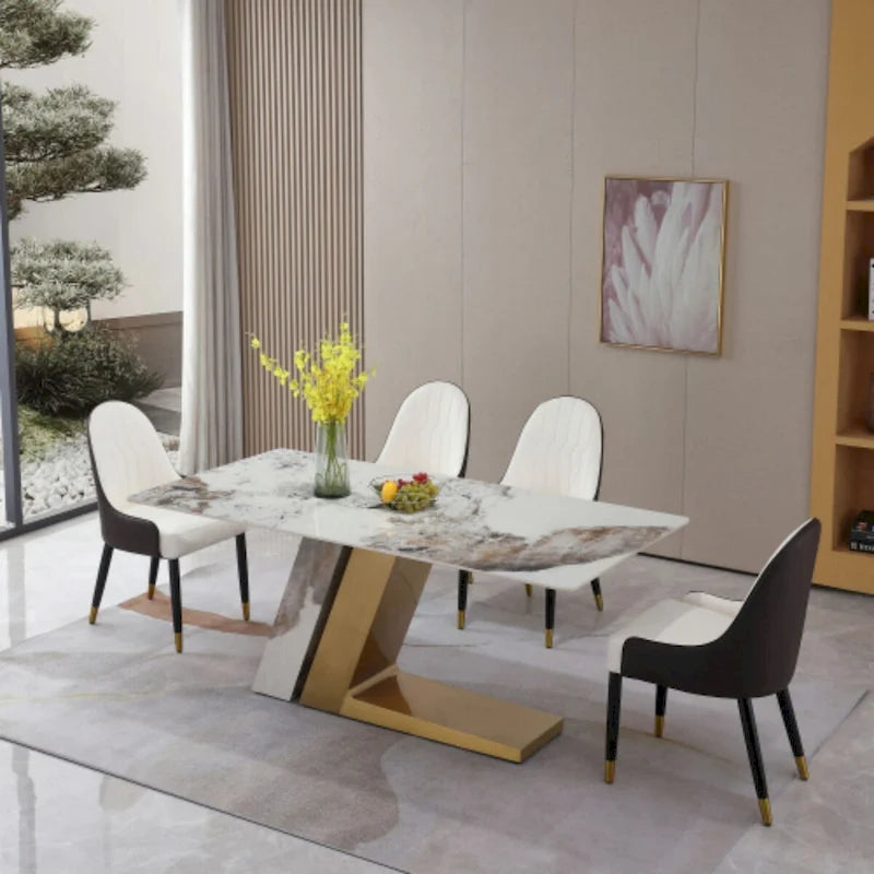 Ensemble de salle à manger contemporain en marbre doré de 180 cm avec 6 chaises