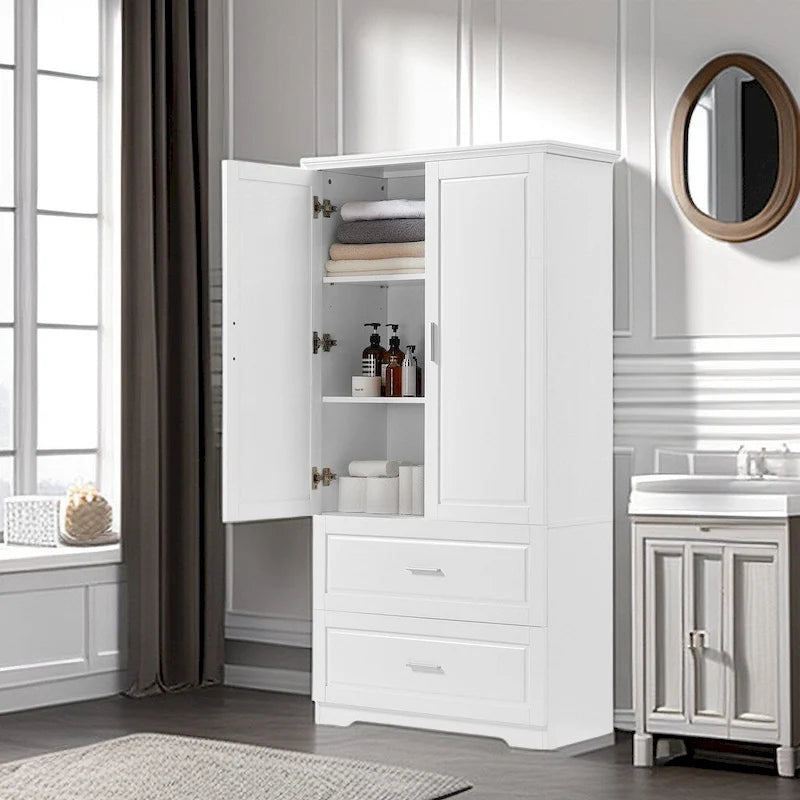 Meuble de rangement de salle de bain Colonne de rangement haute avec deux portes et tiroirs, étagère réglable