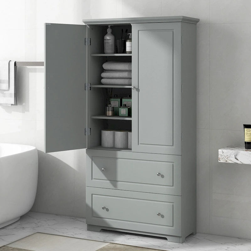 Meuble de rangement de salle de bain Colonne de rangement haute avec deux portes et tiroirs, étagère réglable