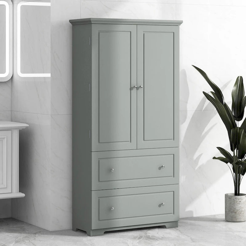 Meuble de rangement de salle de bain Colonne de rangement haute avec deux portes et tiroirs, étagère réglable