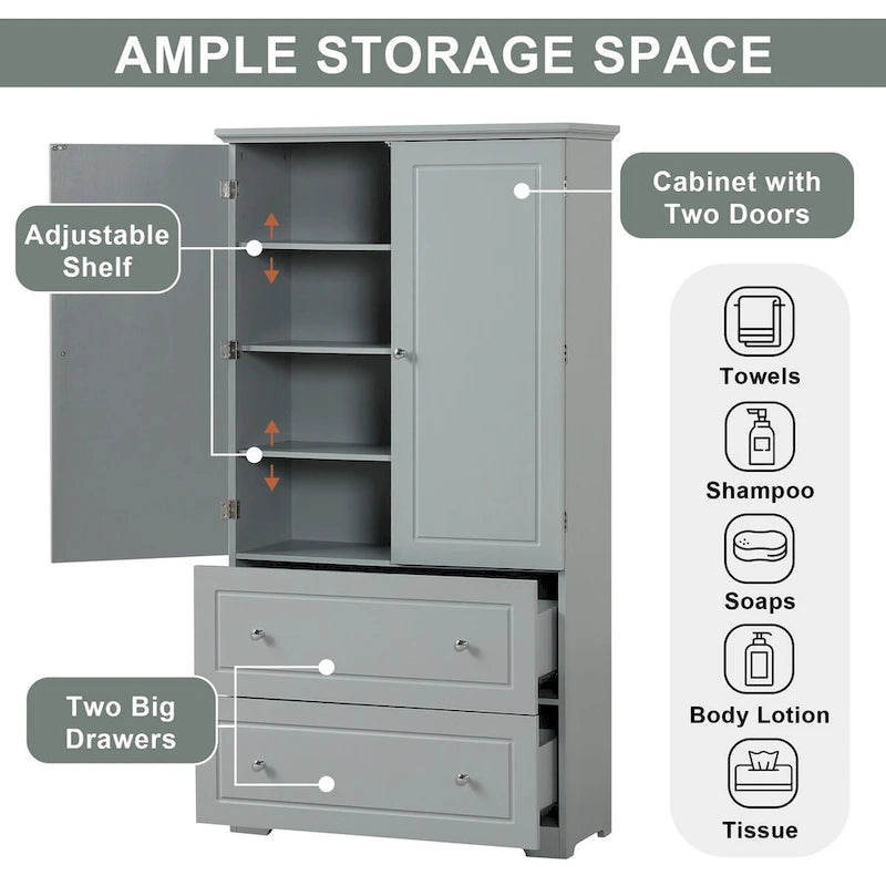 Meuble de rangement de salle de bain Colonne de rangement haute avec deux portes et tiroirs, étagère réglable