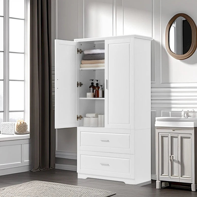 Meuble de rangement de salle de bain Colonne de rangement haute avec deux portes et tiroirs, étagère réglable