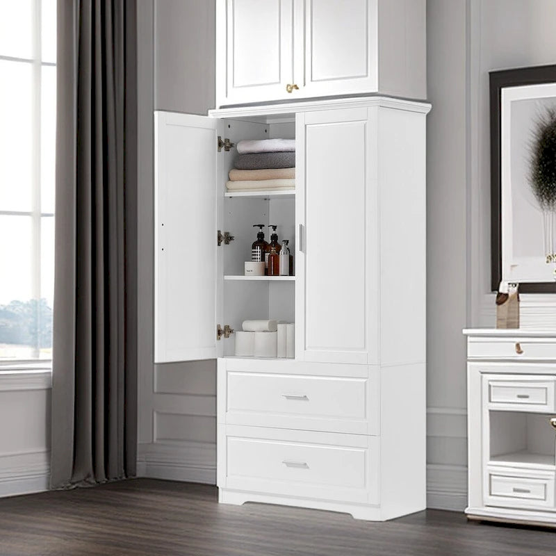 Meuble de rangement de salle de bain Colonne de rangement haute avec deux portes et tiroirs, étagère réglable