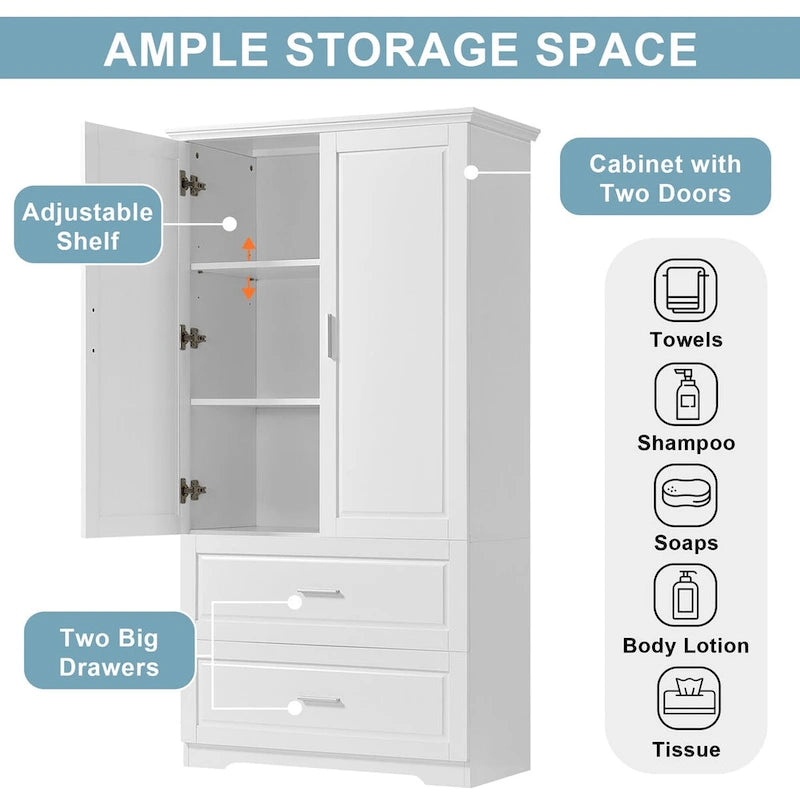Meuble de rangement de salle de bain Colonne de rangement haute avec deux portes et tiroirs, étagère réglable