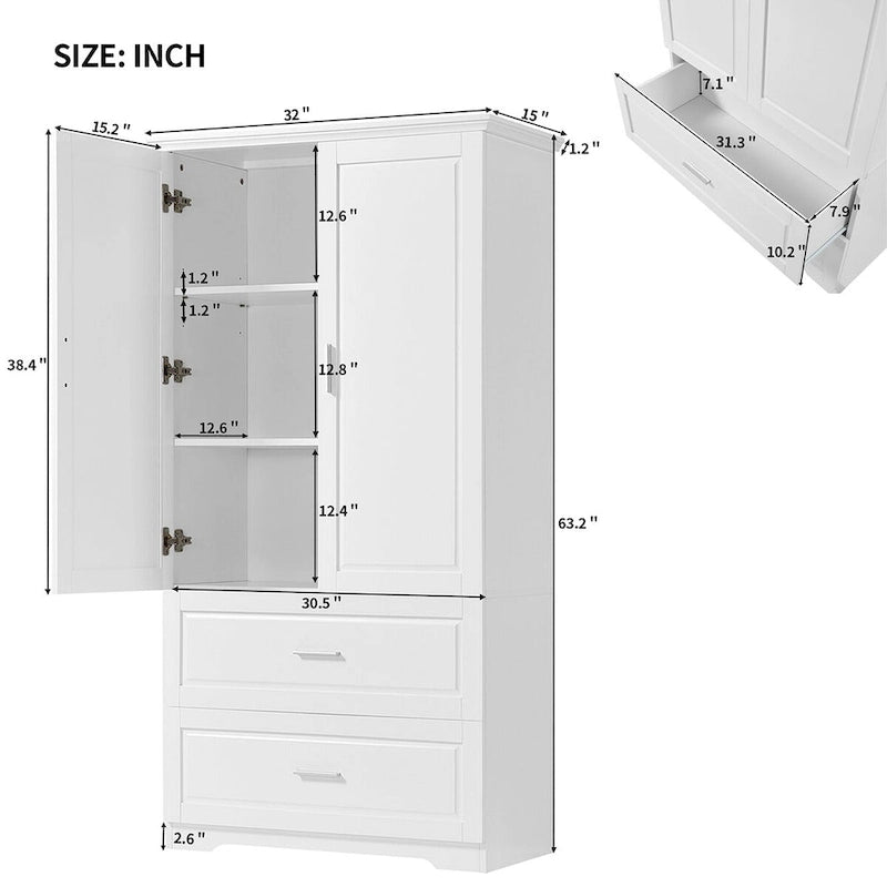 Meuble de rangement de salle de bain Colonne de rangement haute avec deux portes et tiroirs, étagère réglable