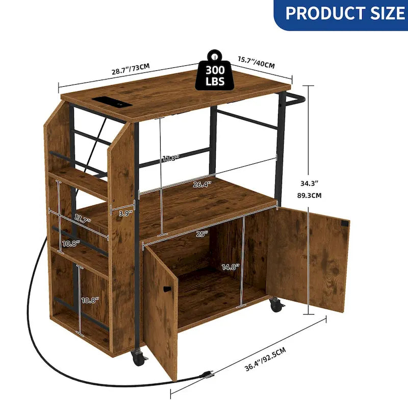 Dessertes de cuisine portables roulantes avec étagère de rangement et prise de courant