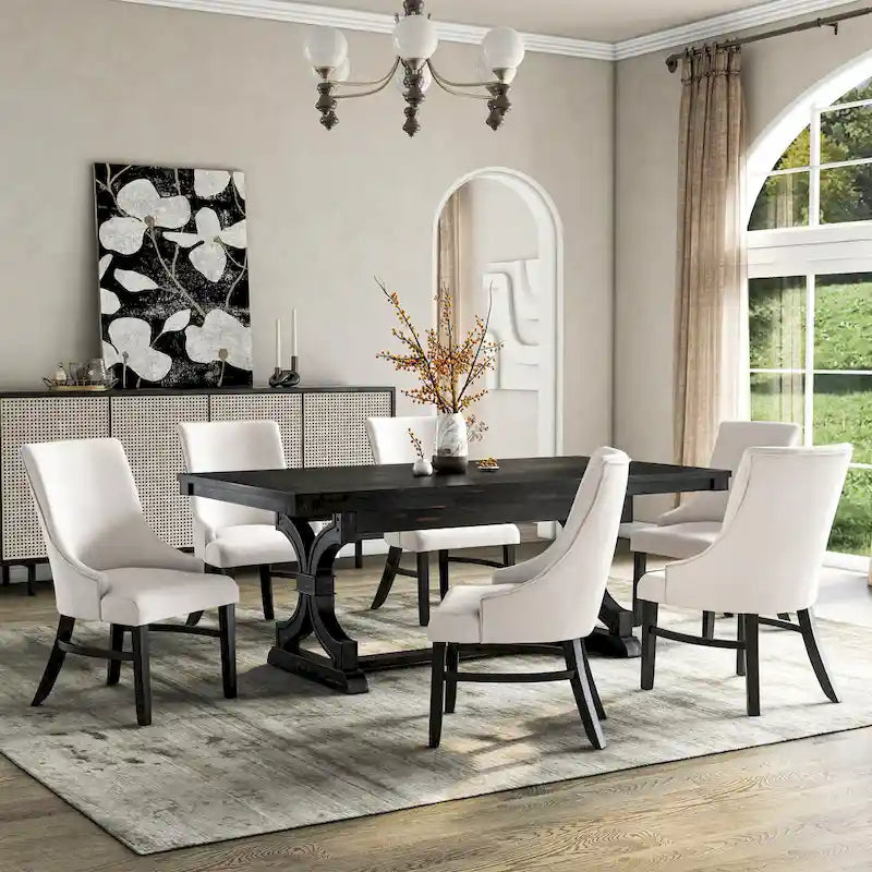  Kieran Farmhouse 7-Piece Black Wooden Dining Set